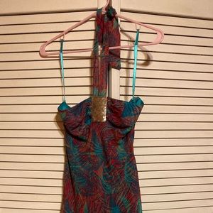 BCBG MAXAZRIA Jeweled Front Halter Gown